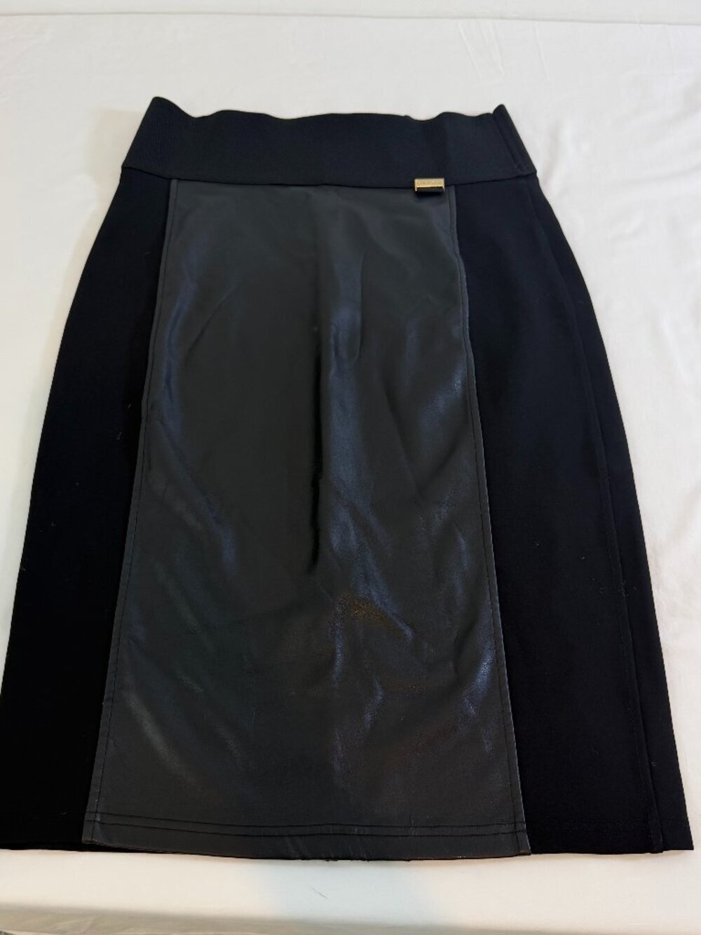 Calvin Klein Faux Leather Pencil Skirt Black Size Small Colorblock Career Midi